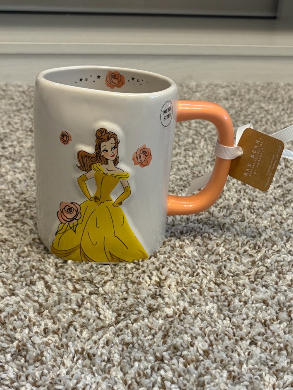 New With Tags Rae Dunn Disney Belle Yellow Dress Ceramic Mug with Peach Handle
